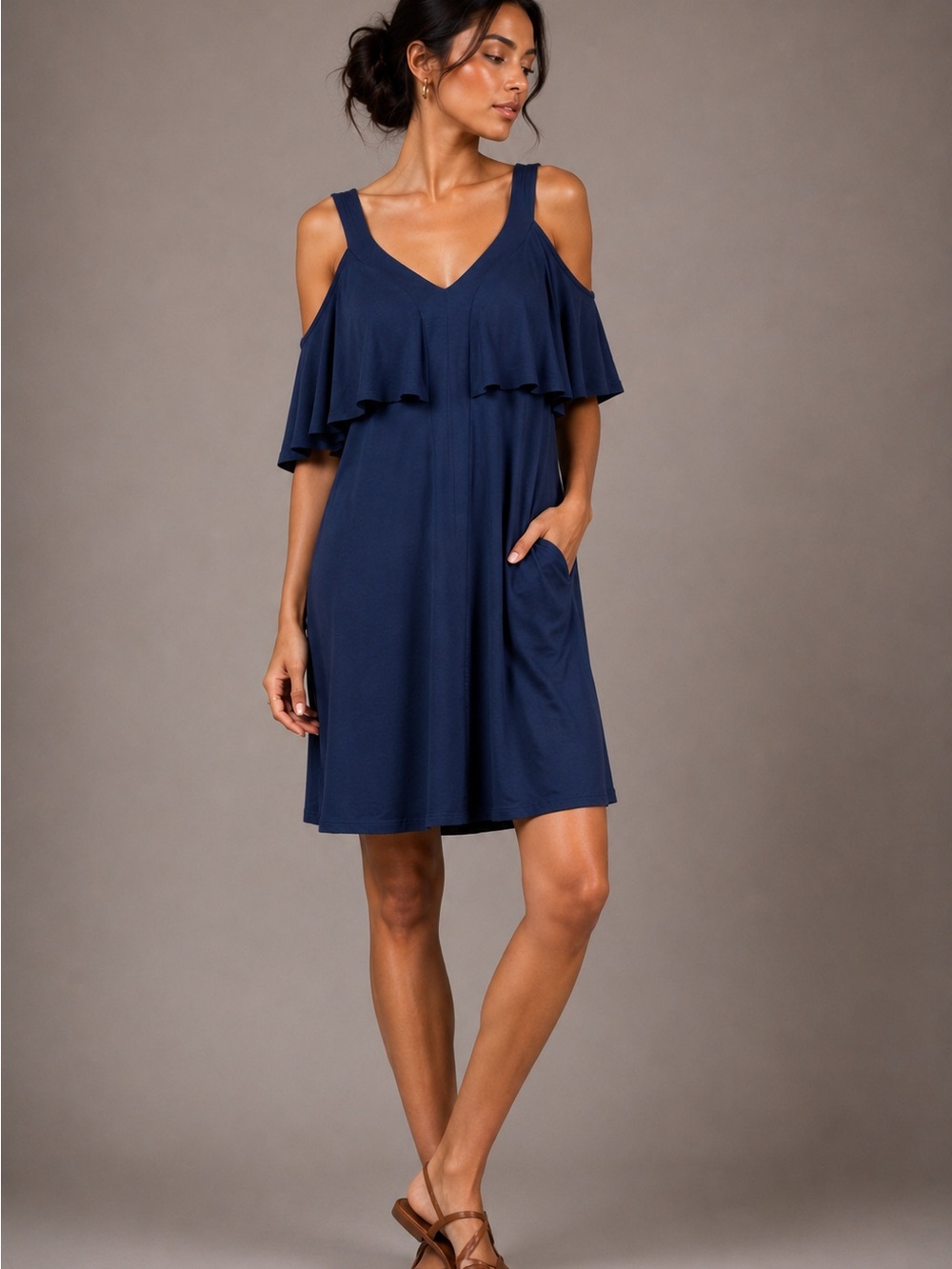 LA Made Navy Cold Shoulder Ruffle Swing Dress NWT